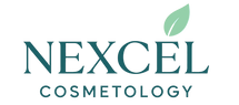 Logo of Nexcel Cosmetology with text and leaf on light green background