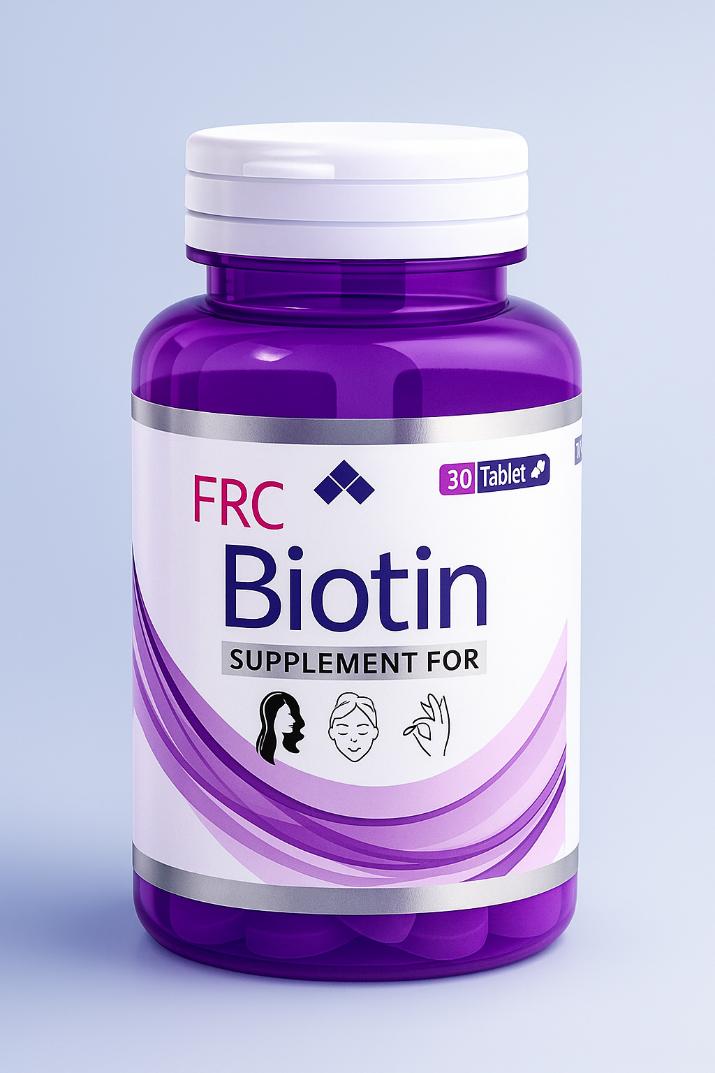 Purple FRC Biotin supplement bottle on a light purple background