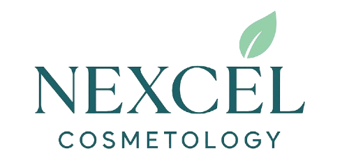 Nexcel Cosmetology logo with a green leaf on a white background