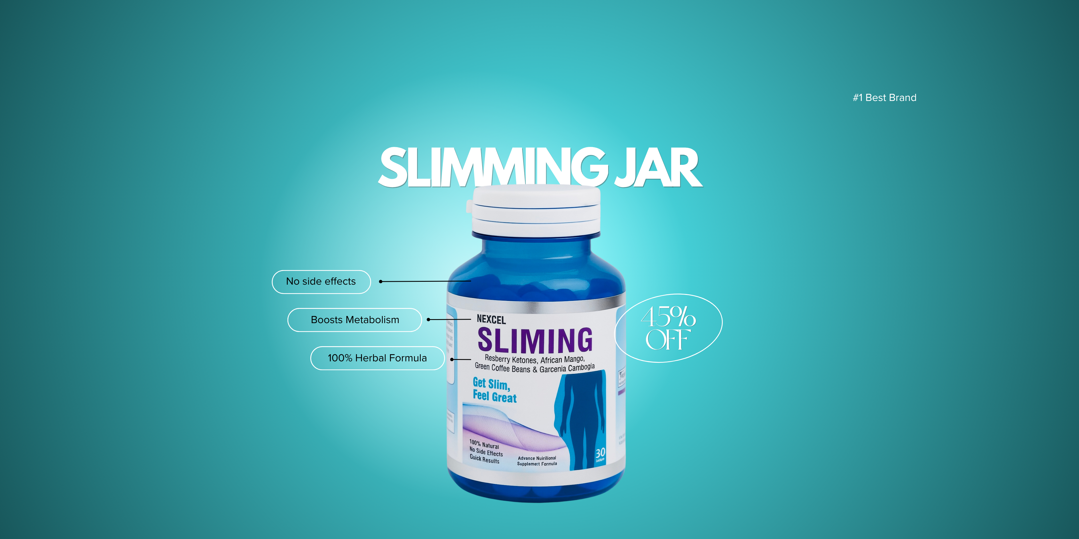 Slimming supplement jar with blue label on a teal background