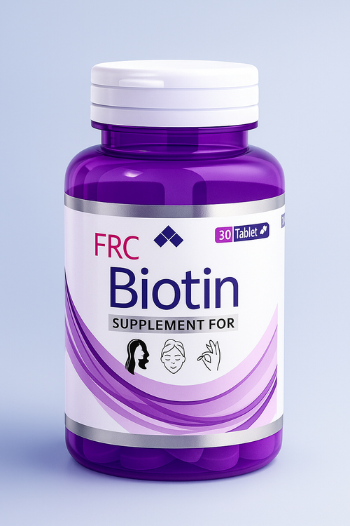 Purple FRC Biotin supplement bottle on a light purple background