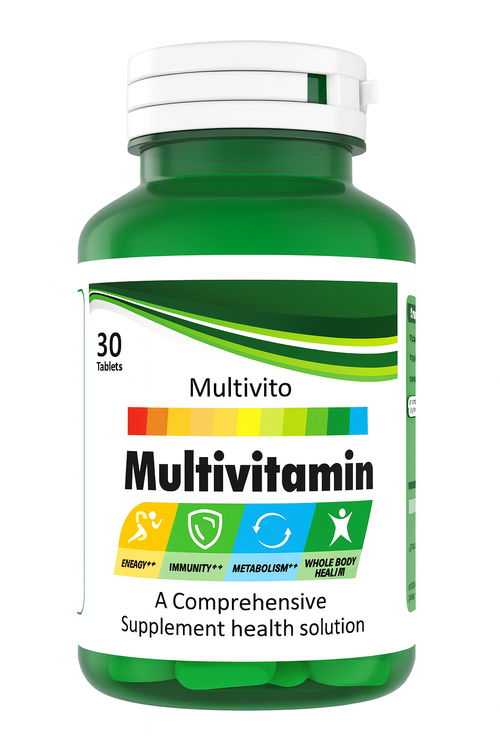 Green multivitamin supplement bottle with label on a white background