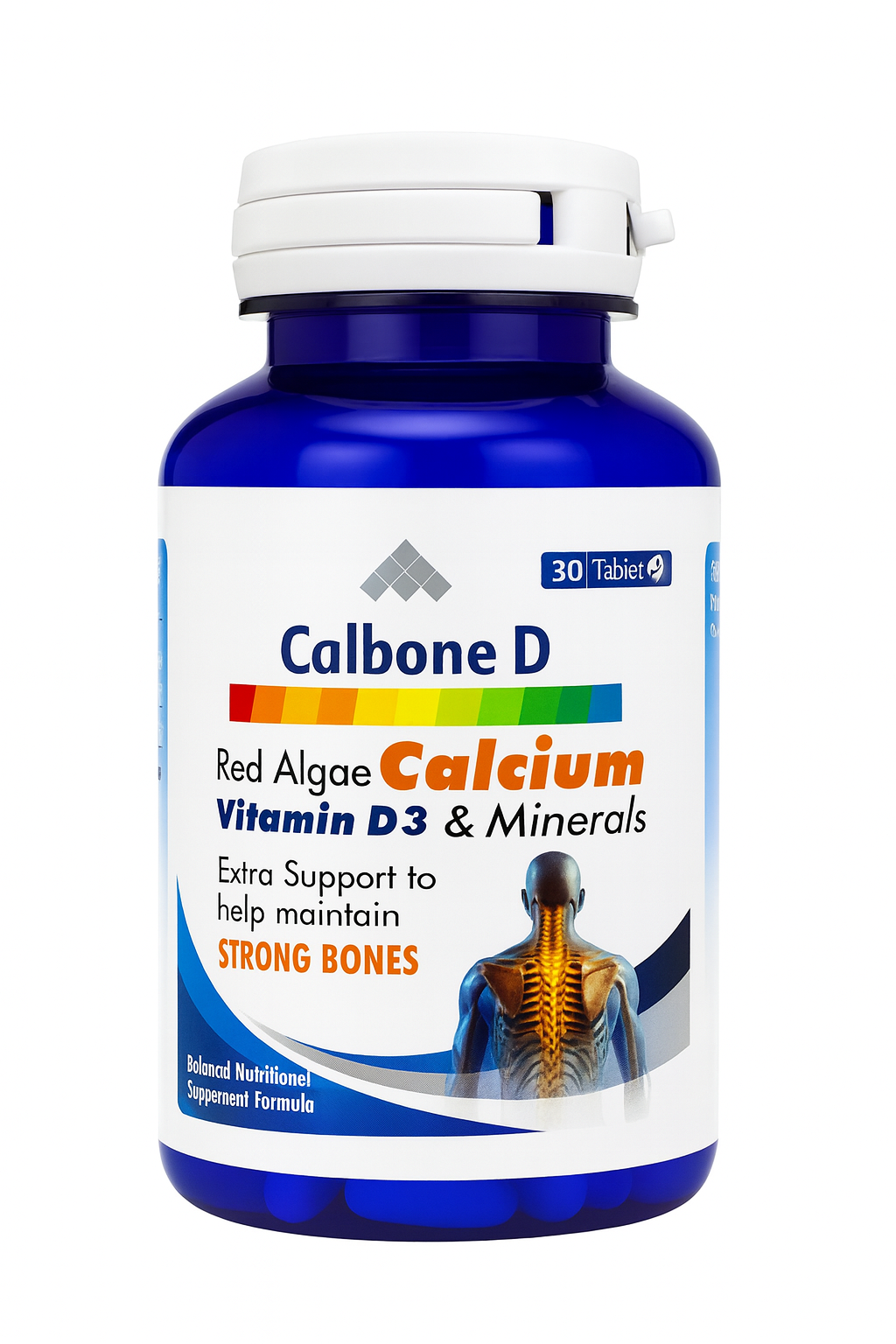 Calbone D supplement bottle with blue and white label on a white background