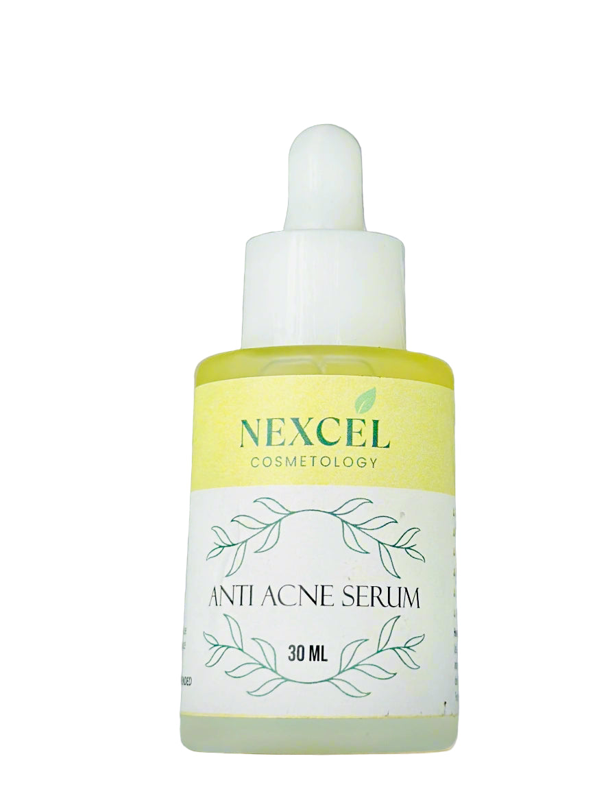 Nexcel Anti Acne Serum bottle with green leaves on a leafy background