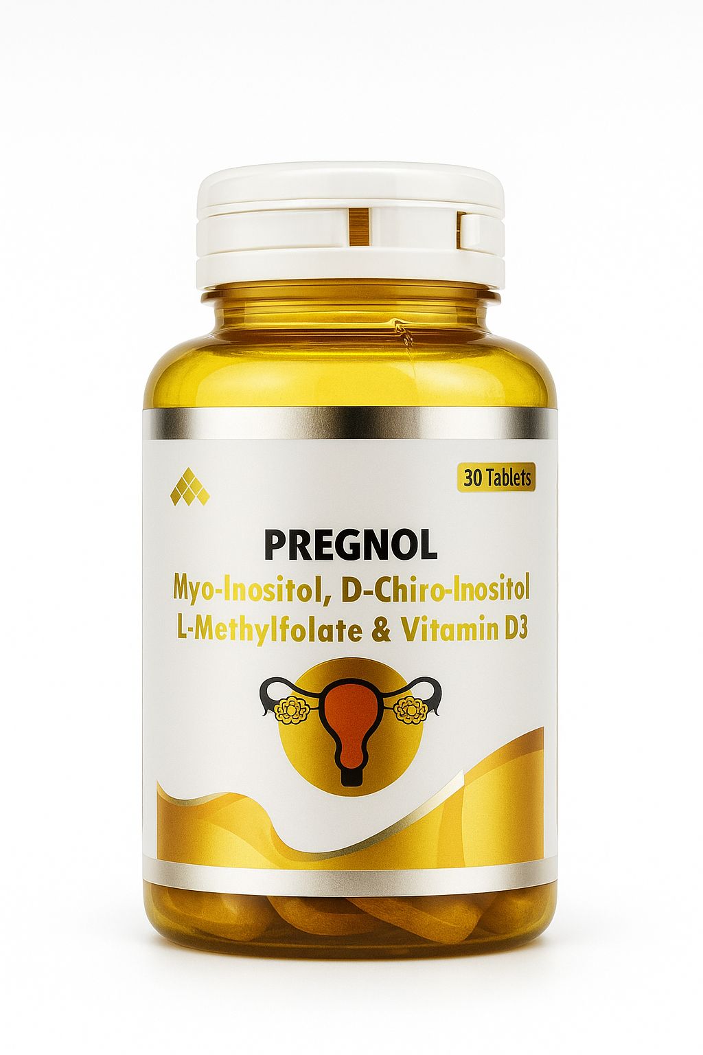 Supplement bottle labeled 'PREGNOL' with ingredients listed on a white background.