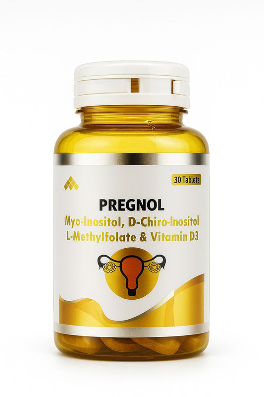 Supplement bottle labeled 'PREGNOL' with ingredients listed on a white background.