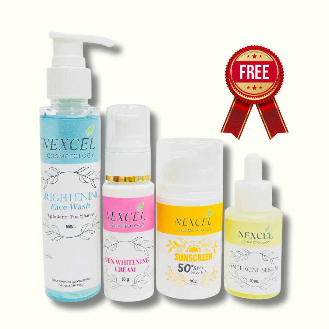 Set of Nexcel skincare products with a free offer badge on a white background